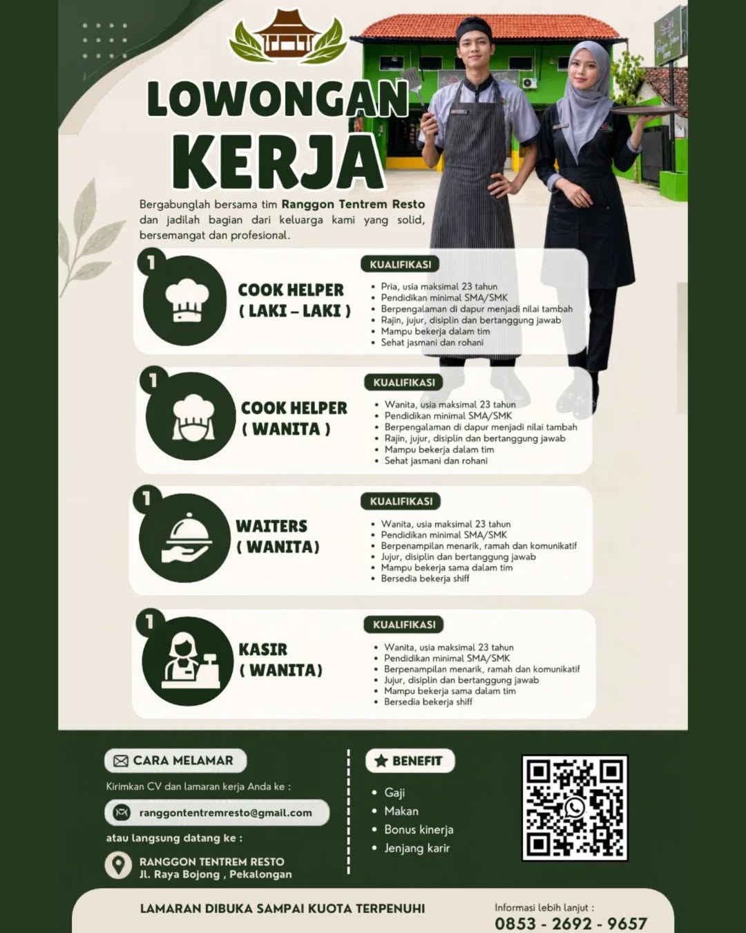 Poster lowongan Cook Helper & Waiters & Kasir