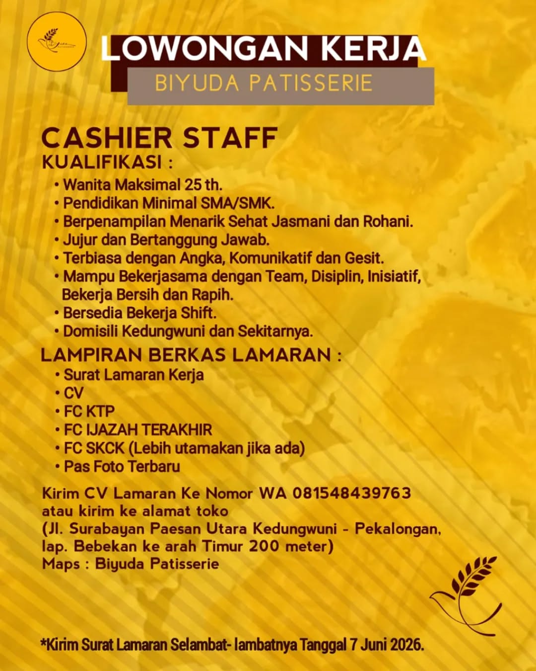 Poster lowongan Cashier Staff