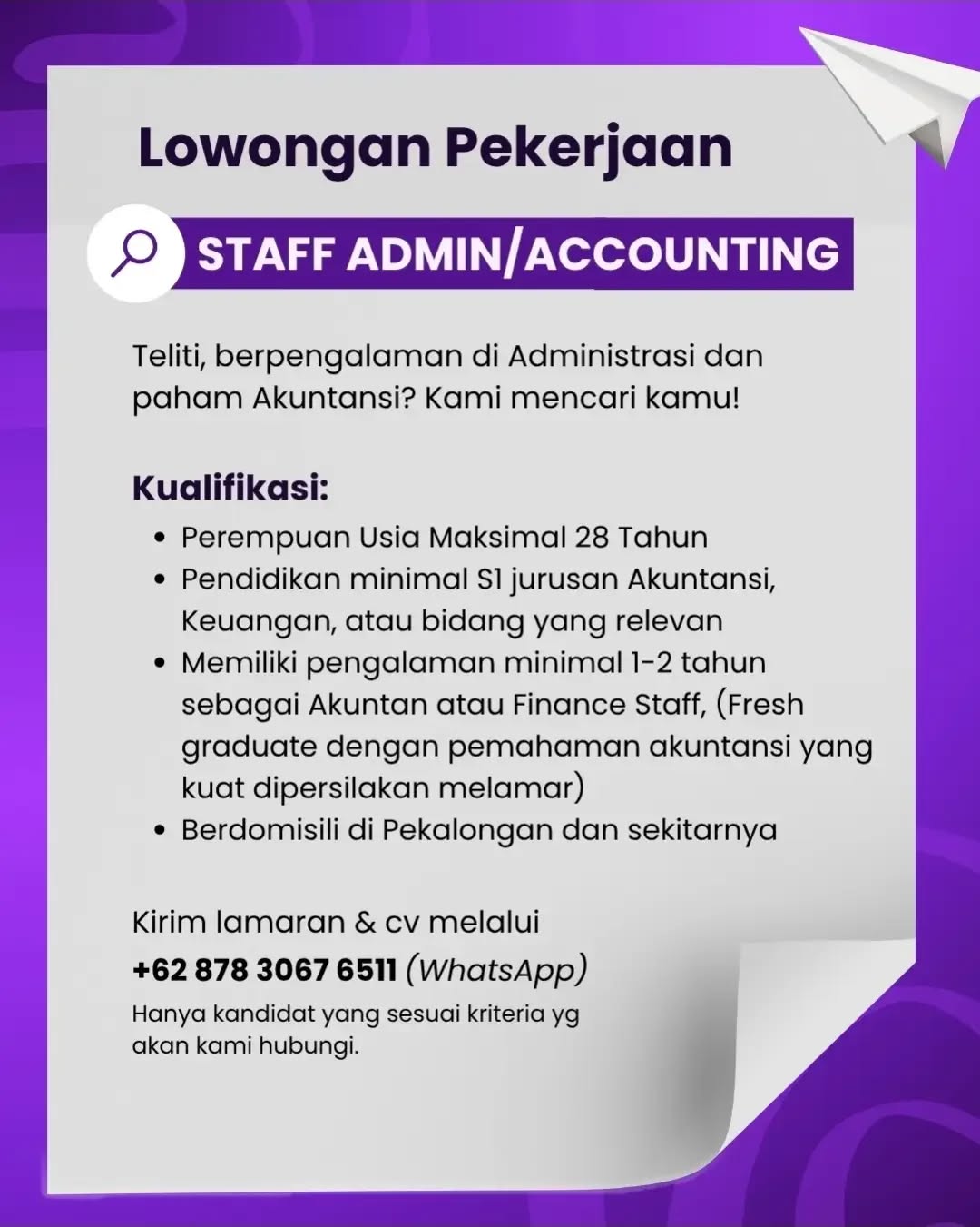 Poster lowongan Staff Admin/Accounting