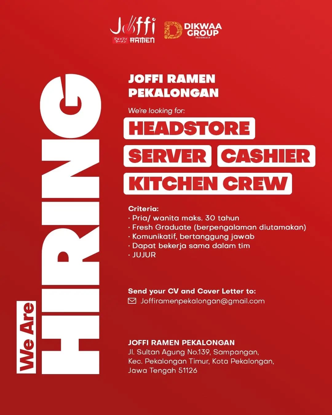 Poster lowongan Headstore & Server & Cashier & Kitchen Crew