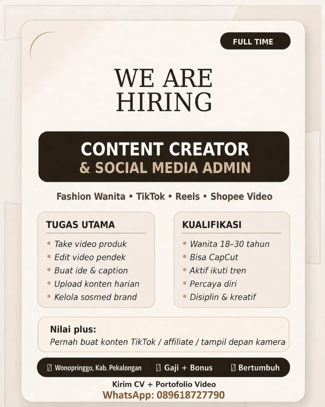 Poster lowongan Content Creator & Social Media Admin