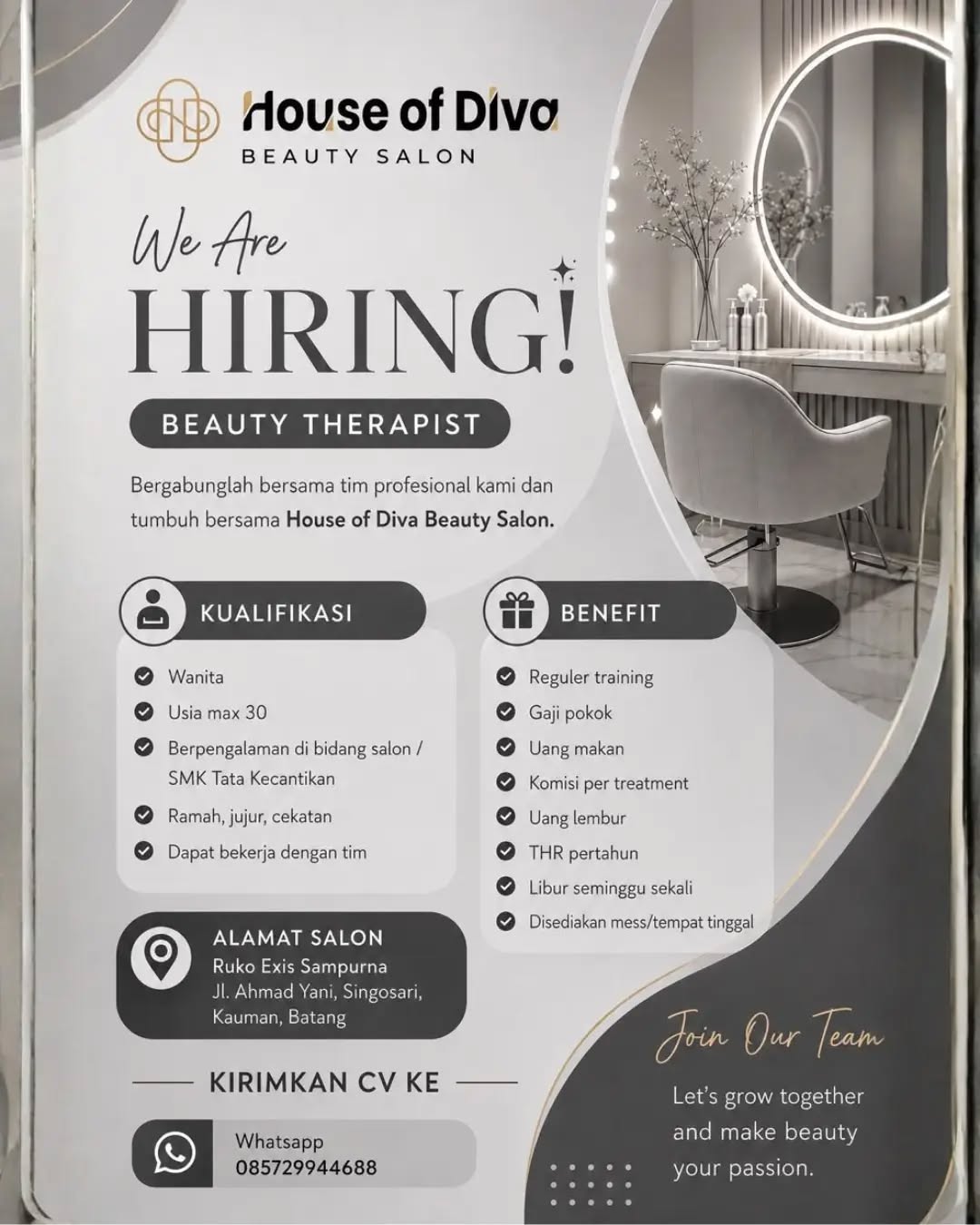 Poster lowongan Beauty Therapist