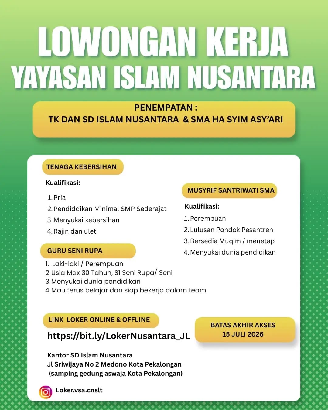 Poster lowongan Tenaga Kebersihan & Guru Seni Rupa & Musyrif Santriwati SMA
