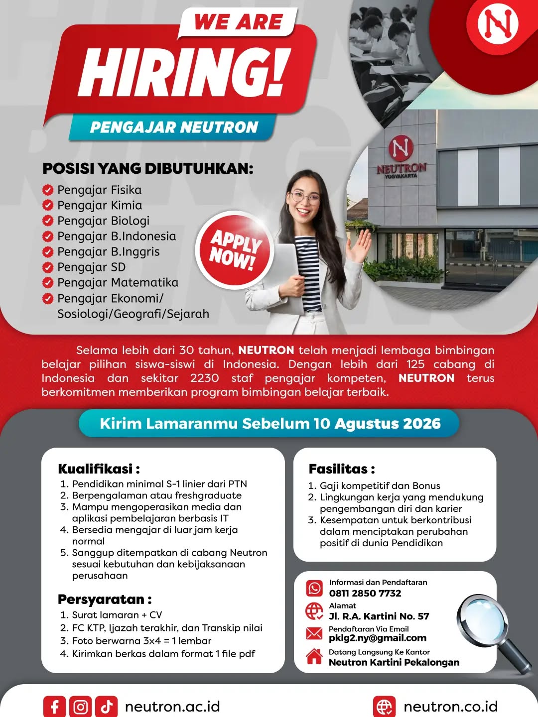 Poster lowongan Pengajar SD, Matematika, Fisika, Kimia, Biologi, B. Indo, B. Inggris, Soshum