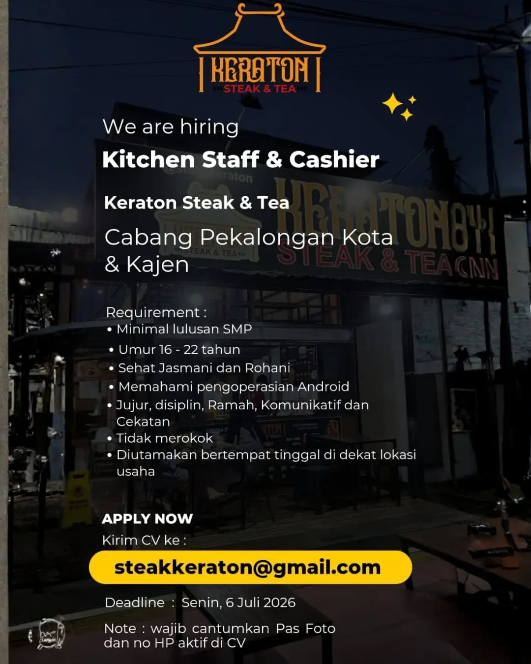 Poster lowongan Kitchen Staff & Cashier