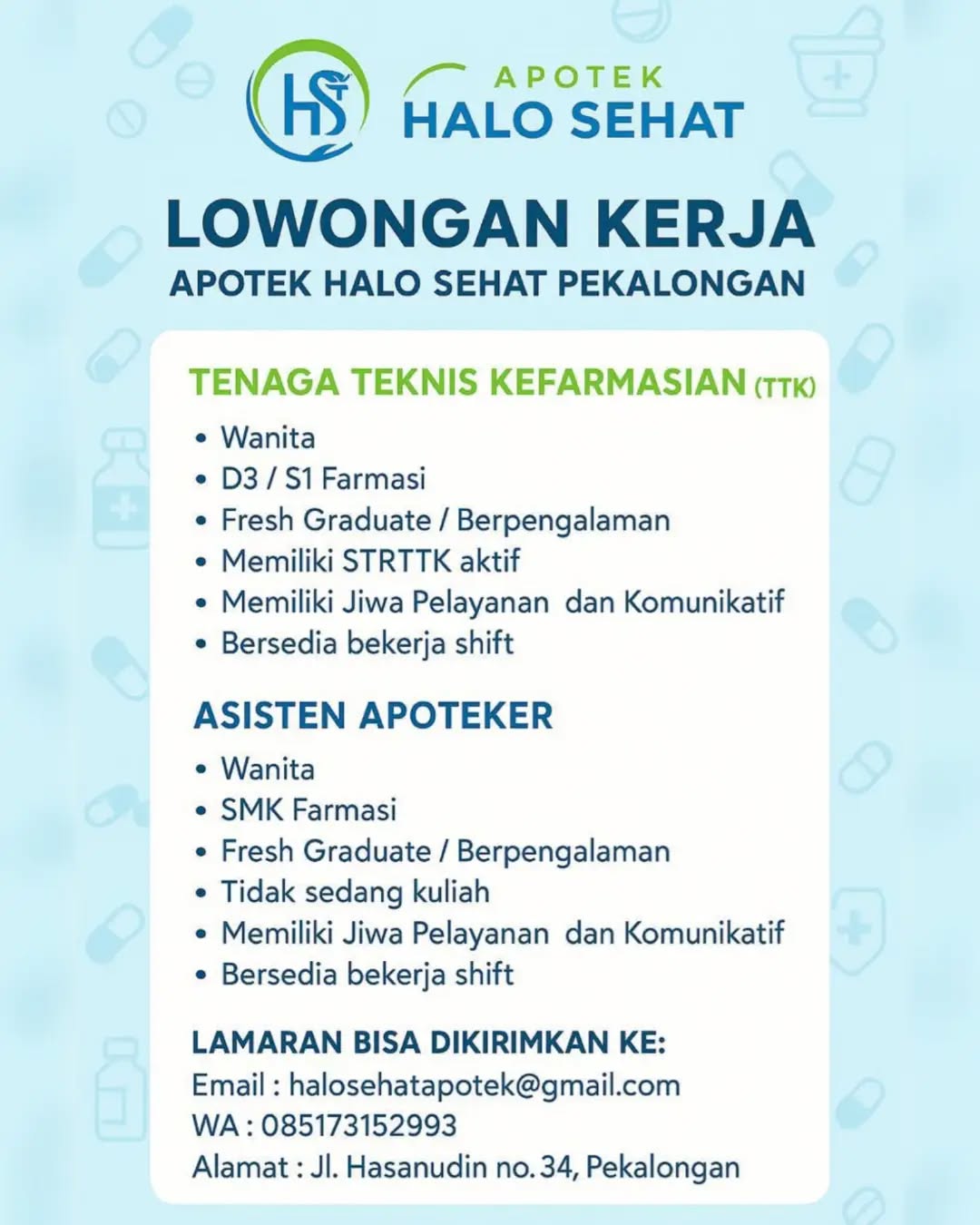Poster lowongan Tenaga Teknis Kefarmasian & Asisten Apoteker