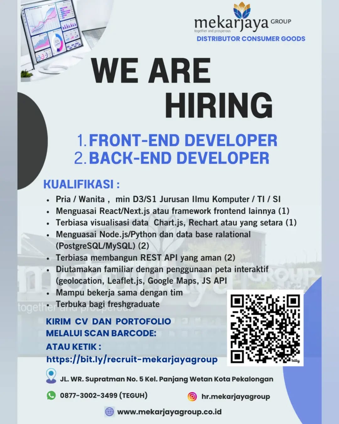 Poster lowongan Front-End Developer & Back-End Developer