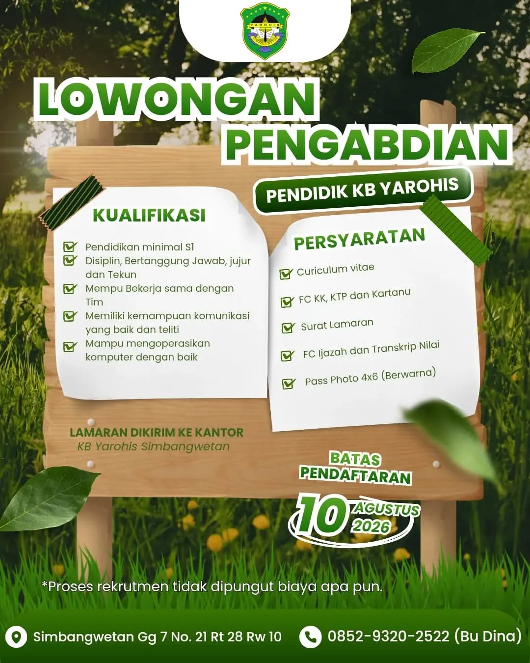 Poster lowongan Pendidik KB Yarohis