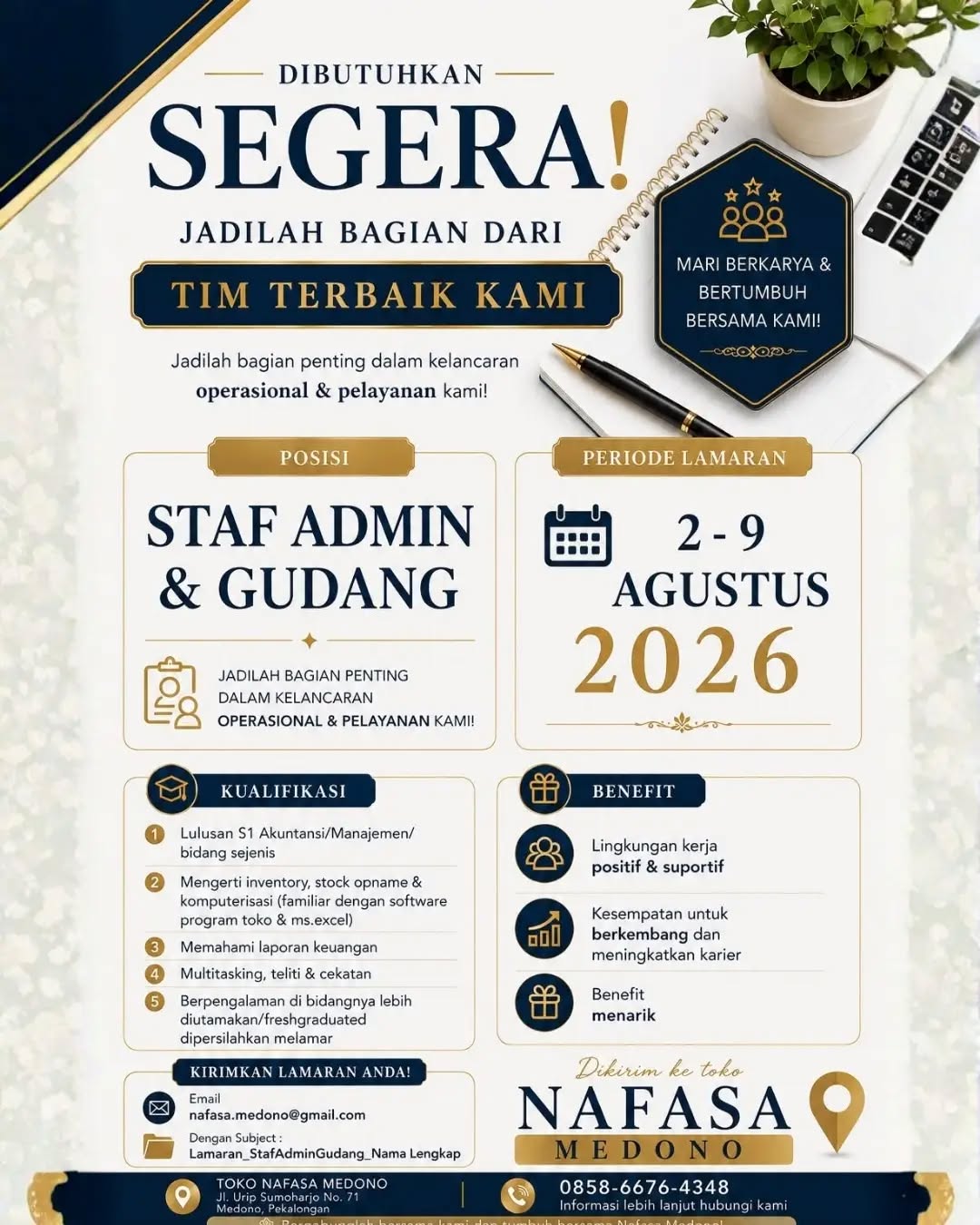 Poster lowongan Staff Admin & Gudang