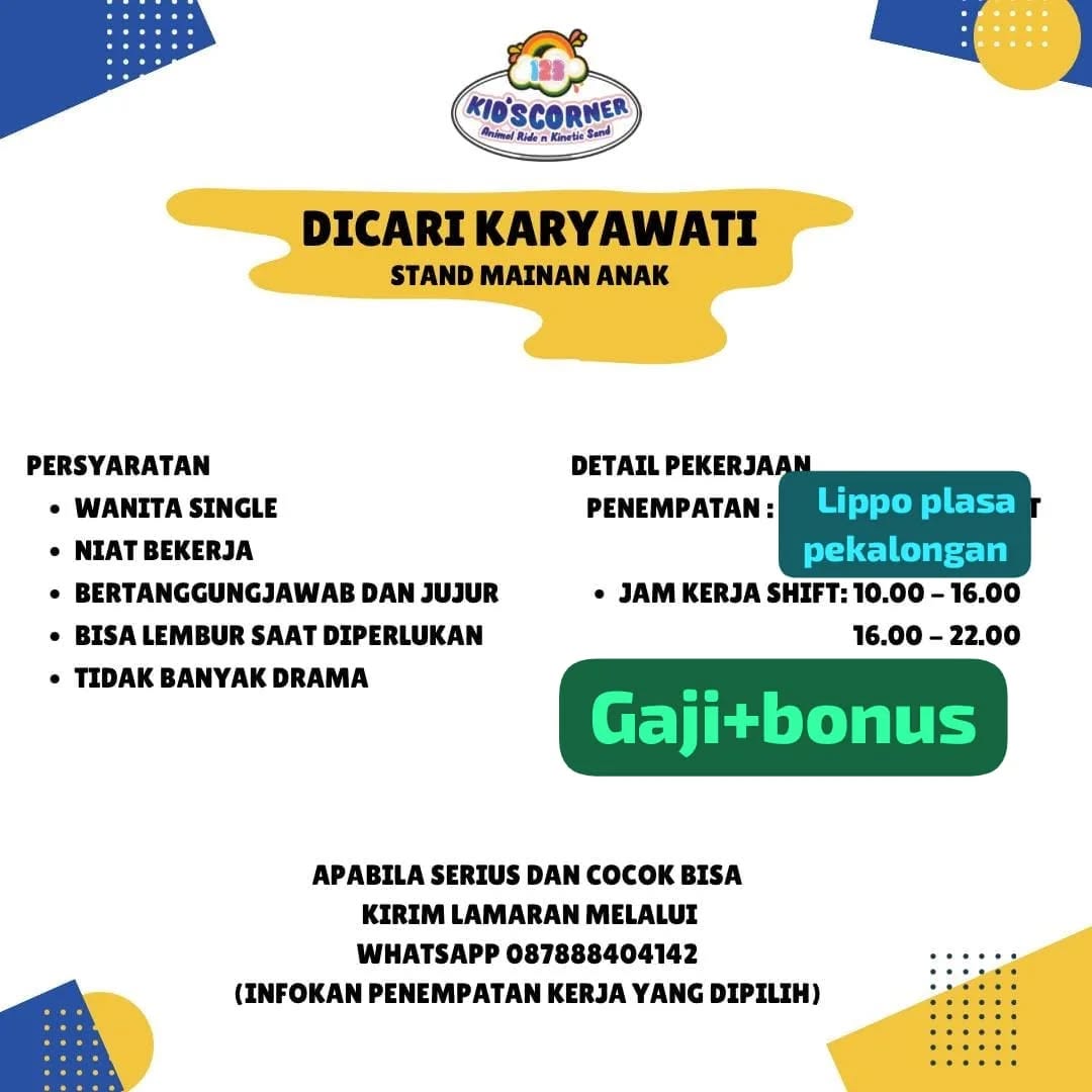 Poster lowongan Karyawati Stand Mainan Anak
