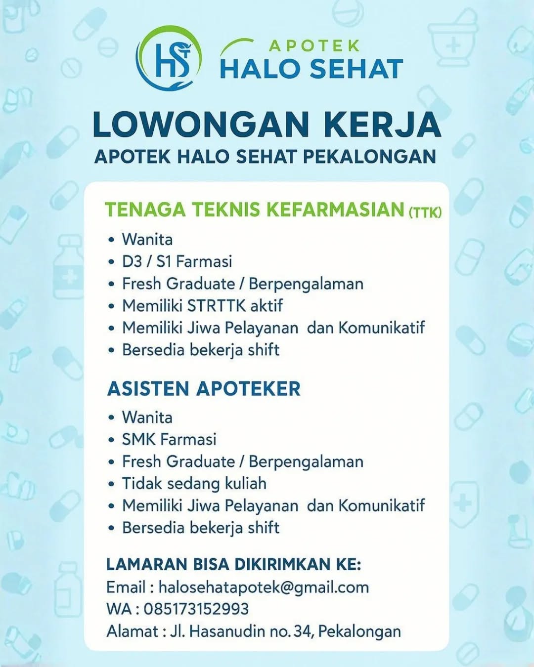 Poster lowongan Tenaga Teknis Kefarmasian & Asisten Apoteker