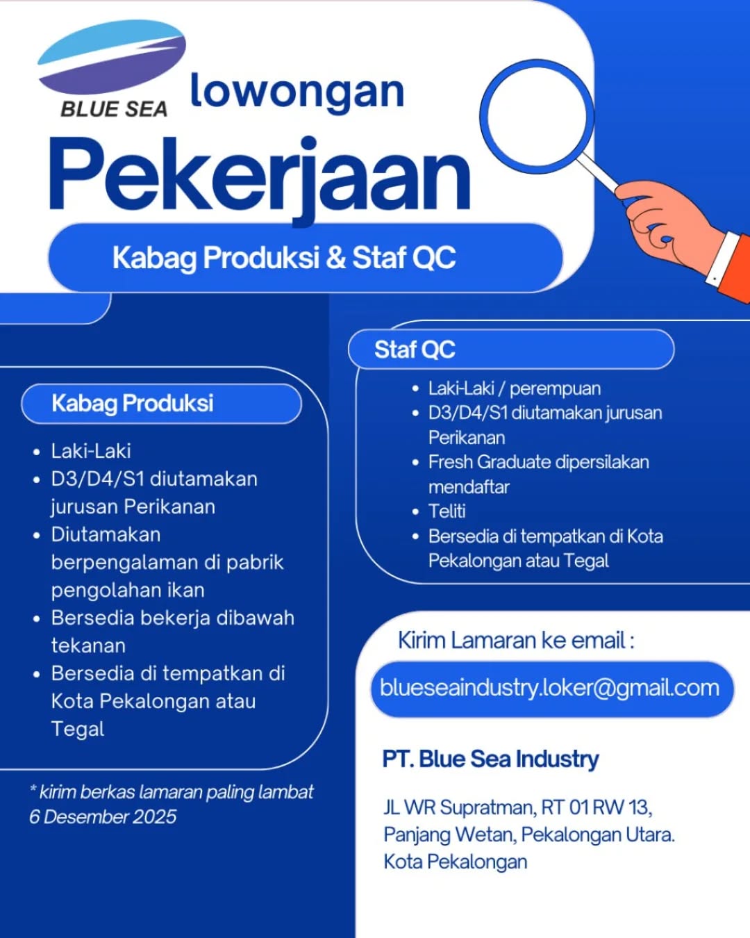Poster lowongan Kabag Produksi & Staf QC