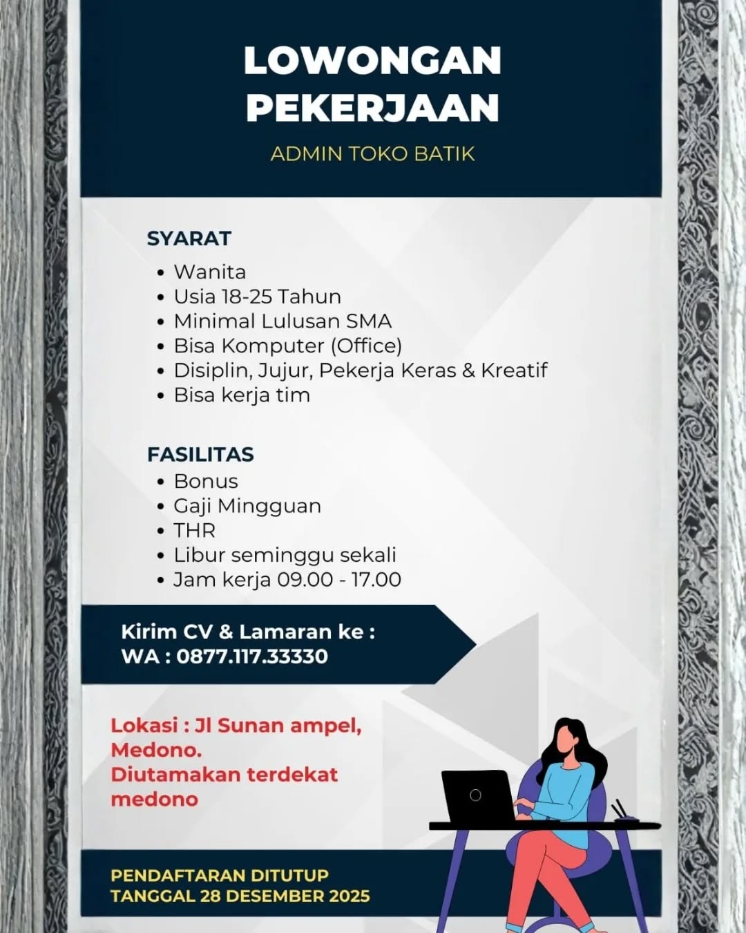 Poster lowongan Admin Toko Batik