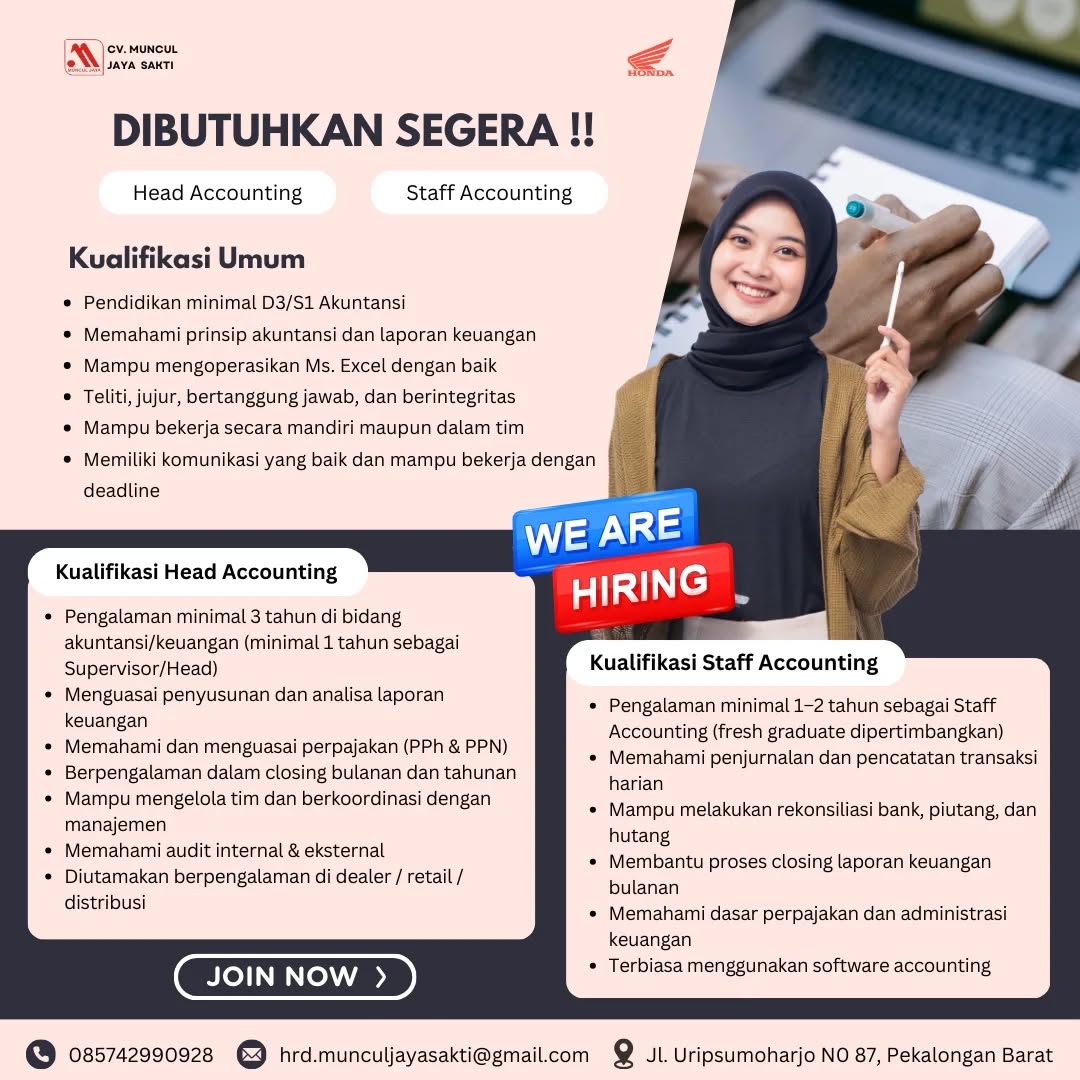 Poster lowongan Head Accounting & Staff Accounting