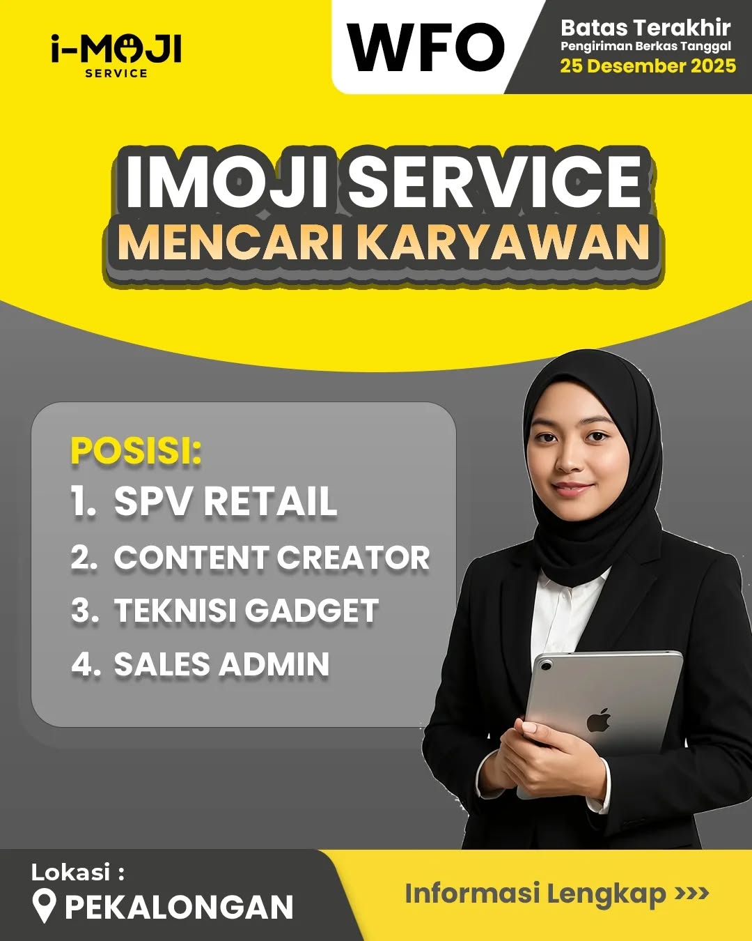 Poster lowongan SPV Retail, Content Creator, Teknisi Gadget & Sales Admin