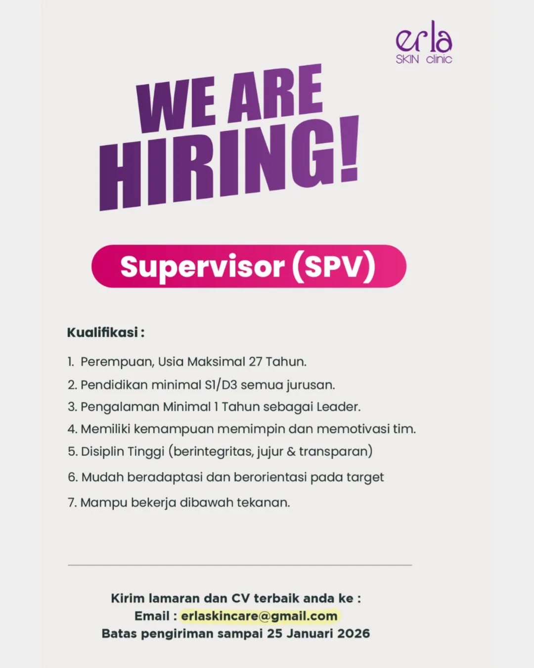 Poster lowongan Supervisor (SPV)