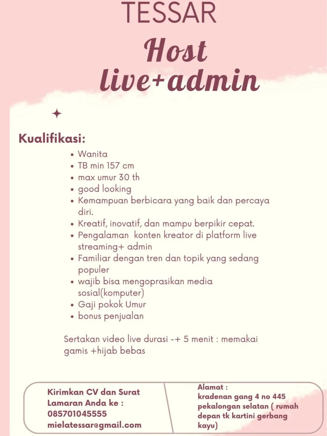Poster lowongan Host Live & Admin