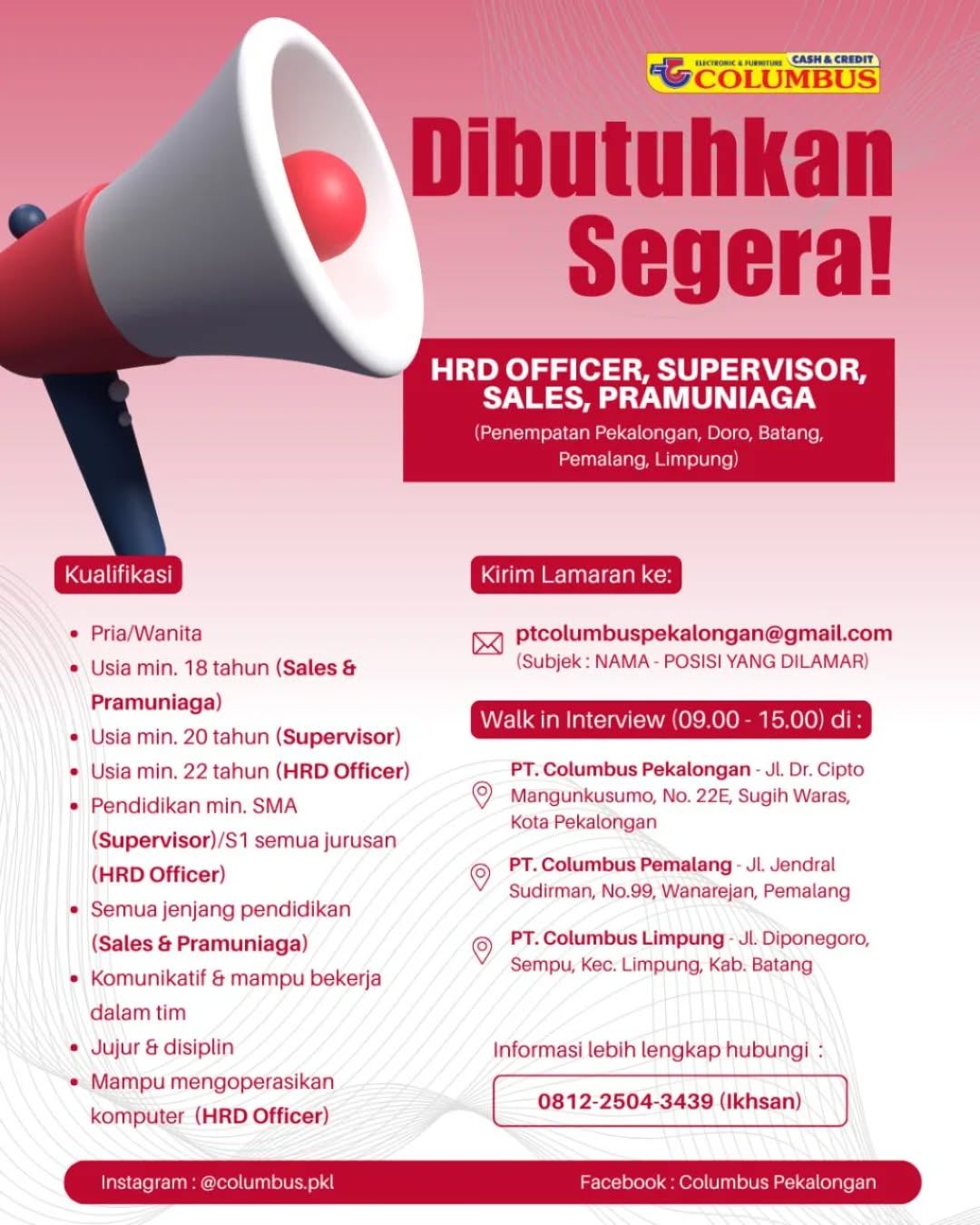 Poster lowongan HRD Officer, Supervisor, Sales & Pramuniaga