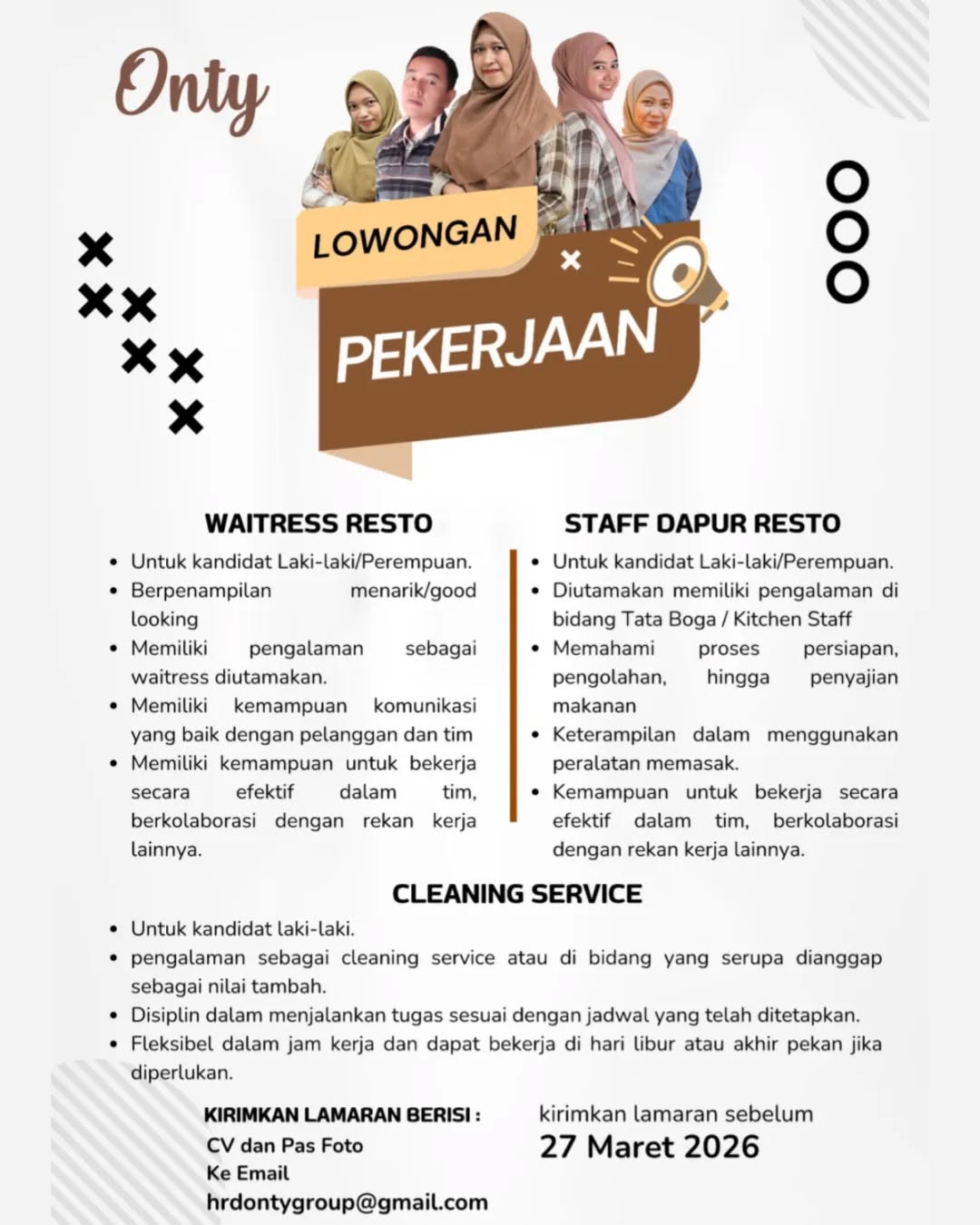 Poster lowongan Waitress Resto, Staff Dapur Resto & Cleaning Service