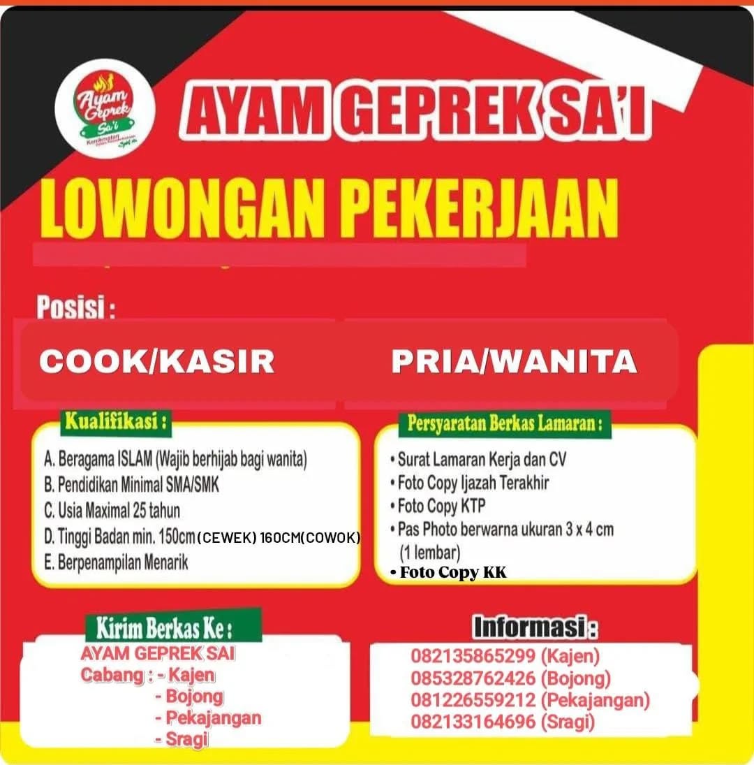 Poster lowongan Cook & Kasir