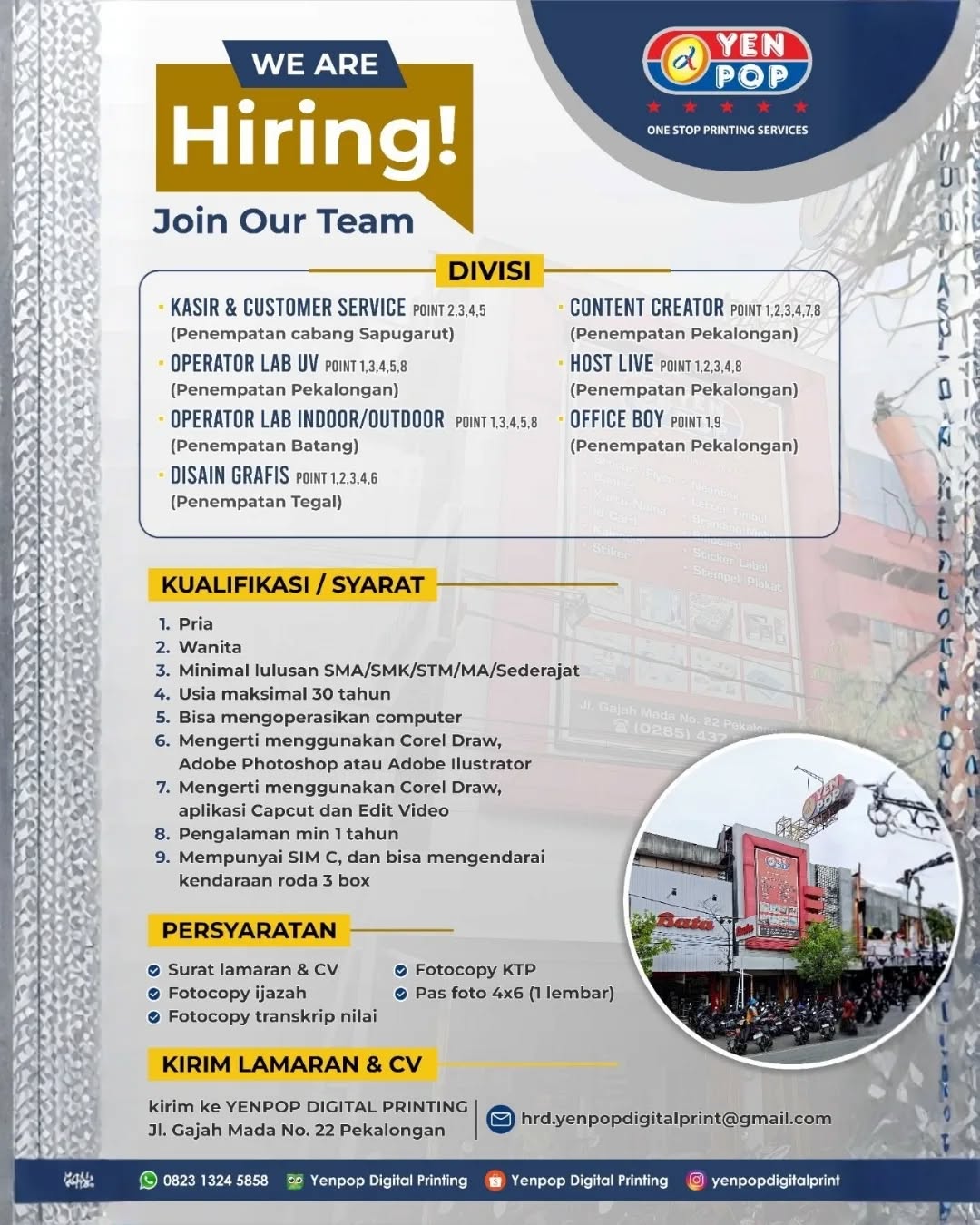 Poster lowongan Kasir, CS, Operator Lab, Desain Grafis, Content Creator, Host Live & OB