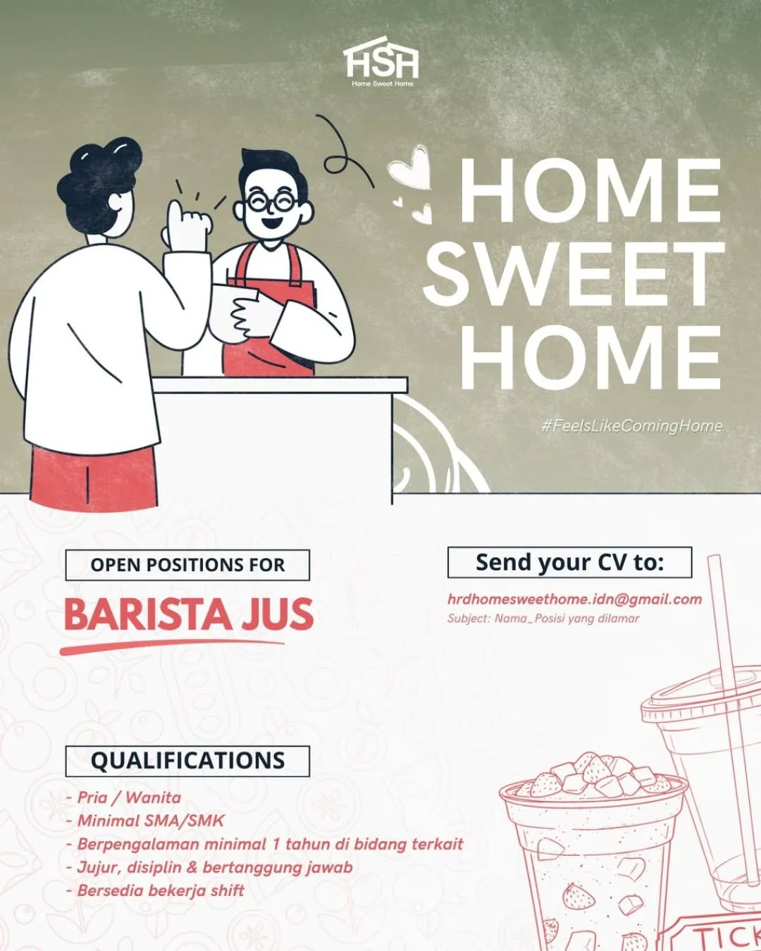 Poster lowongan Barista Jus, Junior Cook & Senior Cook