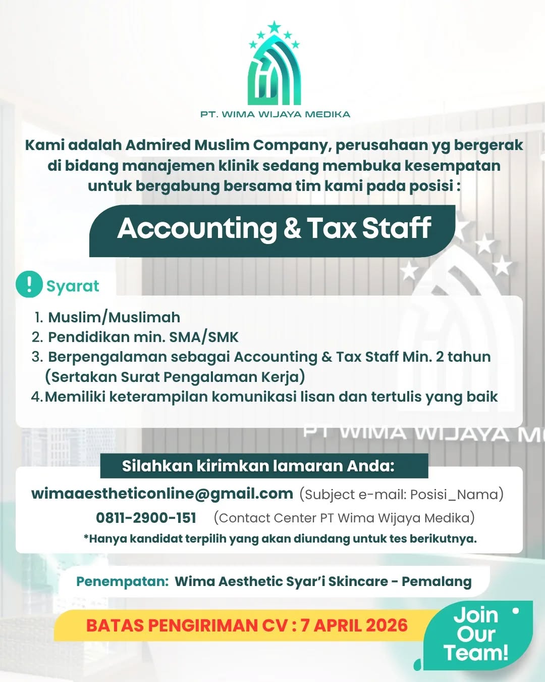 Poster lowongan Accounting & Tax Staff