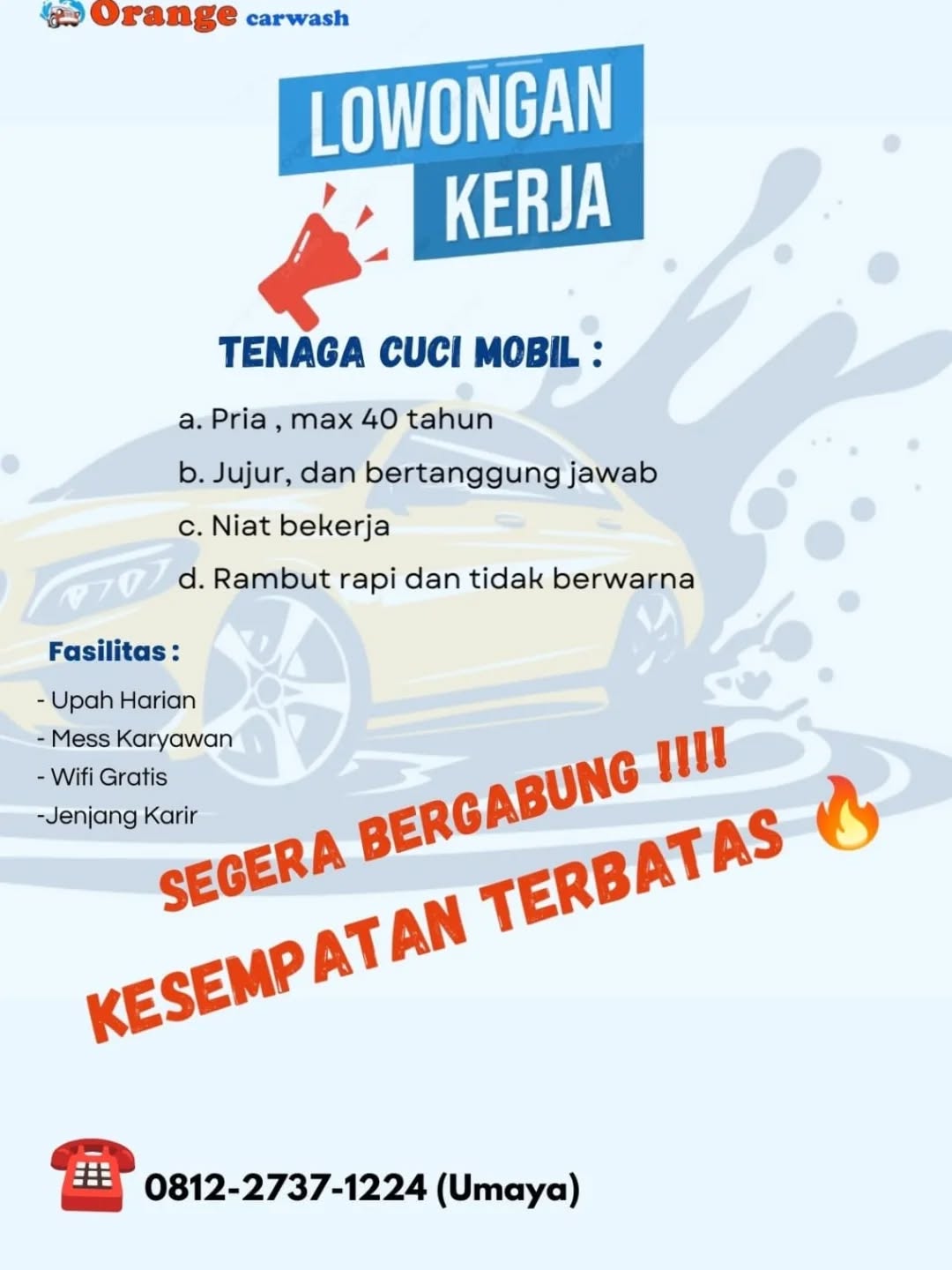 Poster lowongan Tenaga Cuci Mobil & Kasir