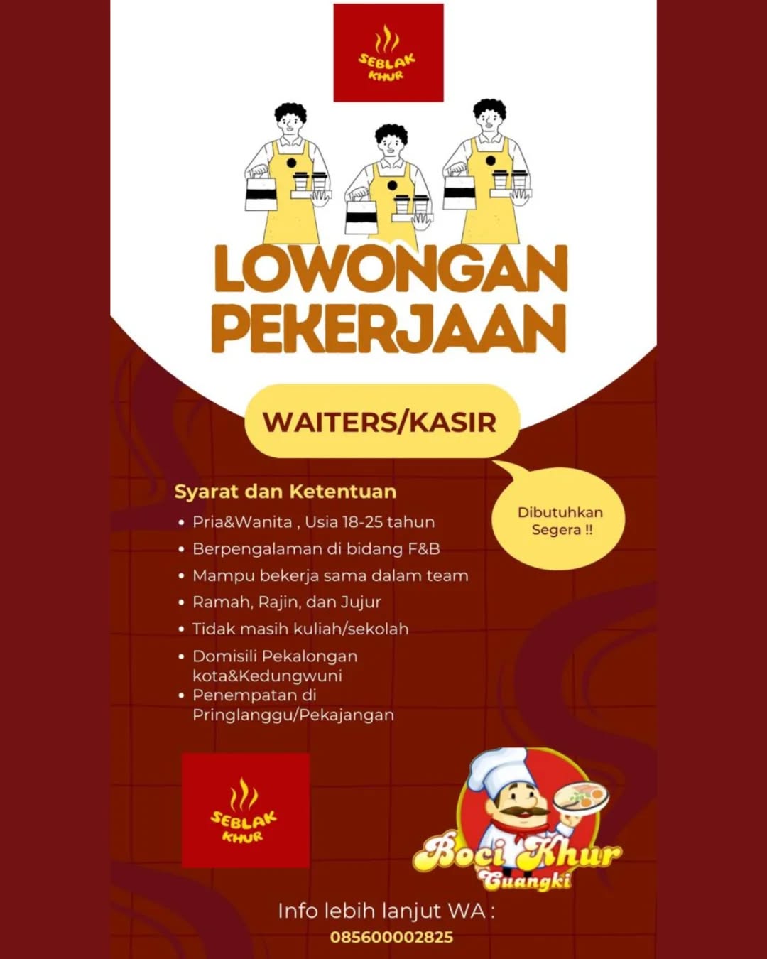Poster lowongan Waiters / Kasir