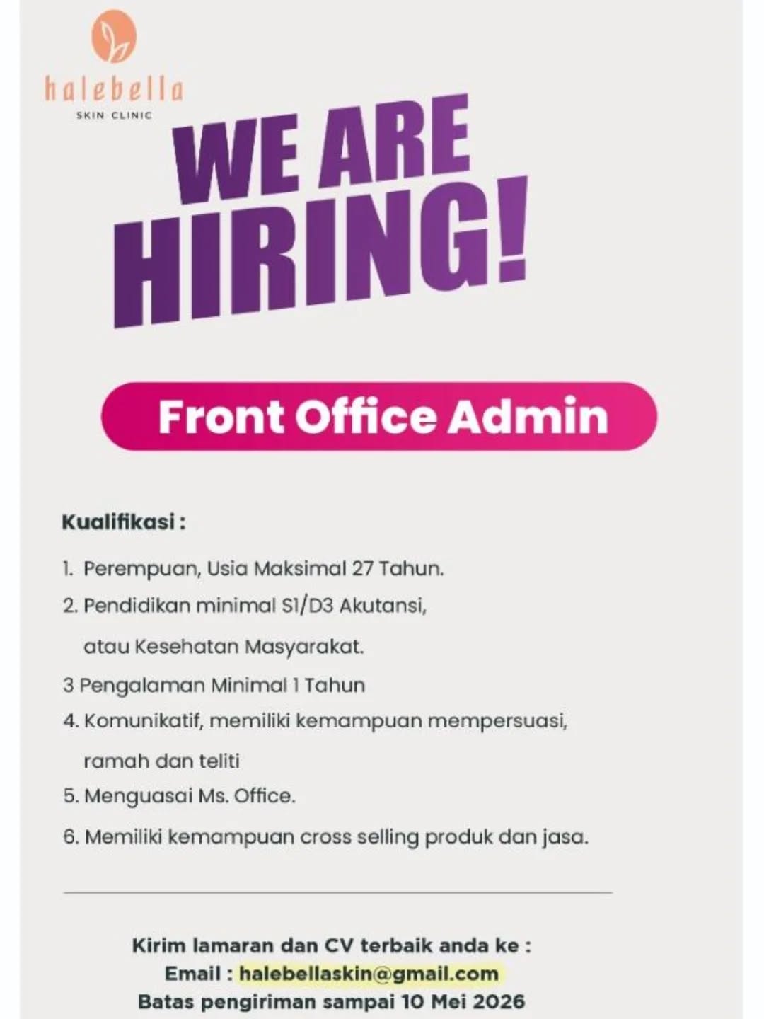 Poster lowongan Front Office Admin