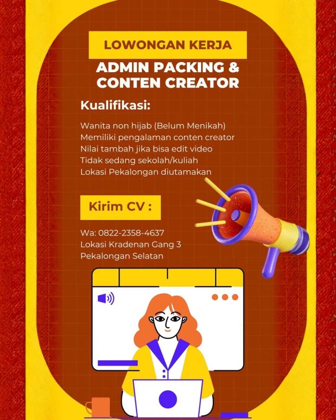 Poster lowongan Admin Packing & Content Creator