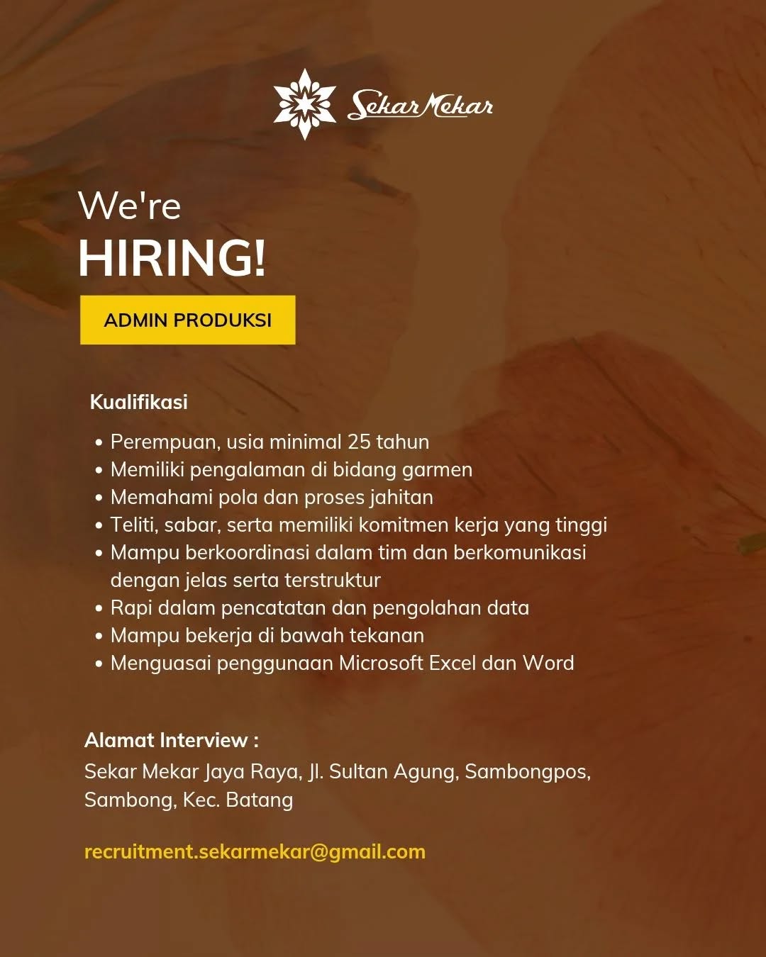 Poster lowongan Admin Produksi & Leader Jahitan