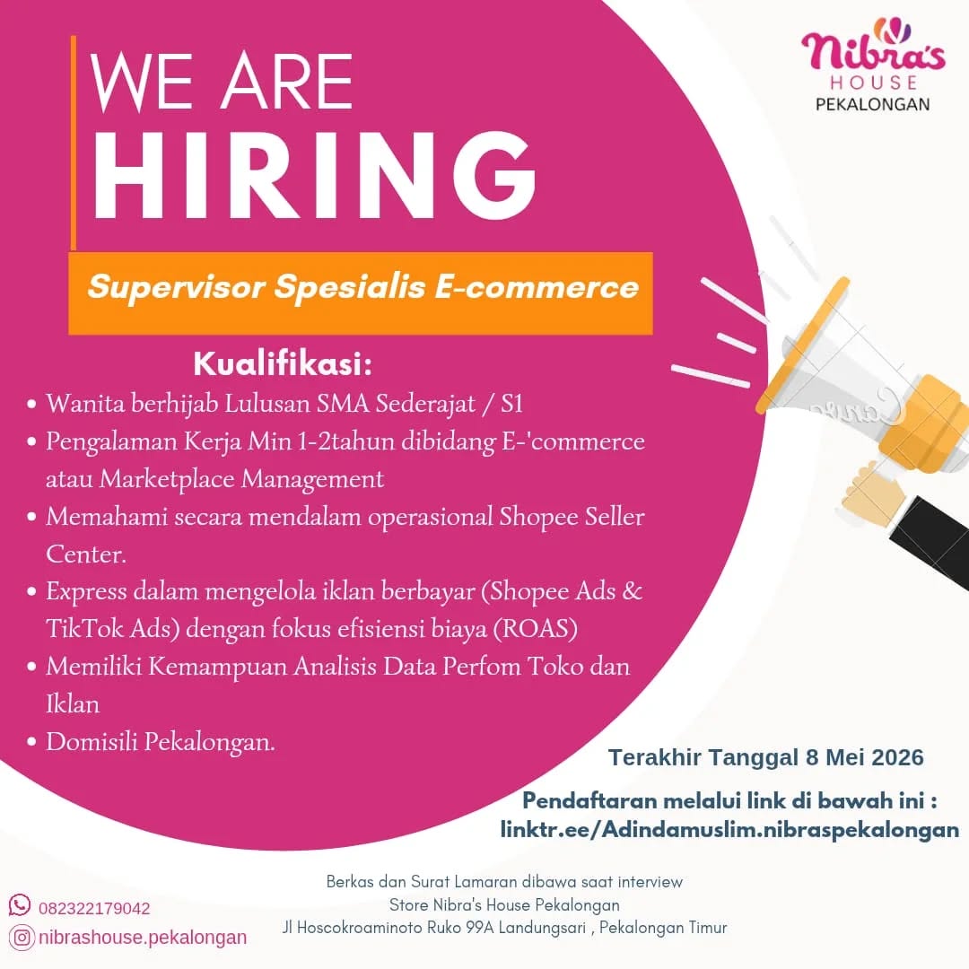 Poster lowongan Supervisor Spesialis E-Commerce