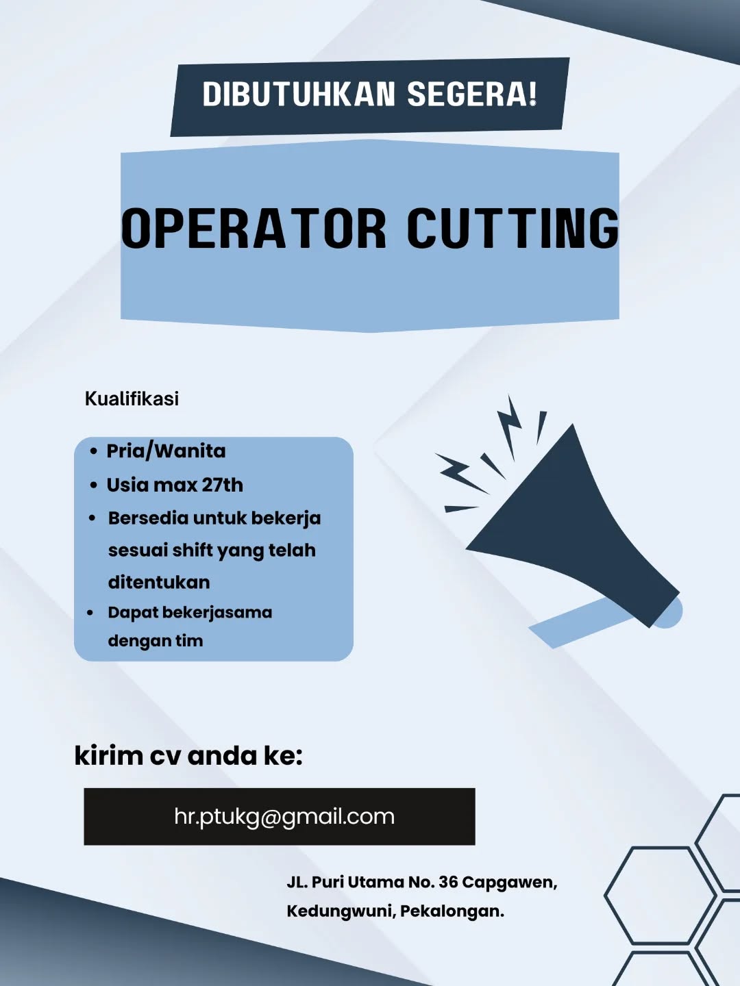 Poster lowongan Operator Cutting