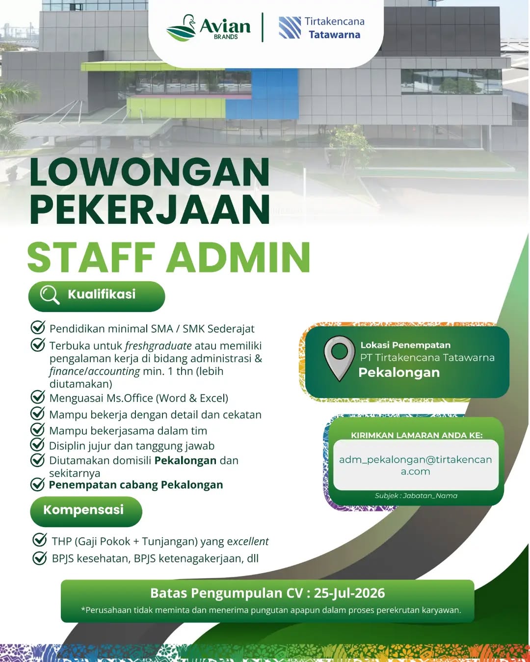 Poster lowongan Staff Admin & Controller