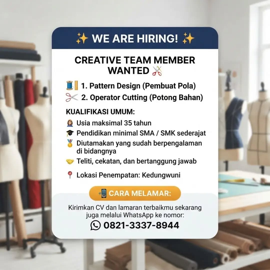 Poster lowongan Pattern Design & Operator Cutting