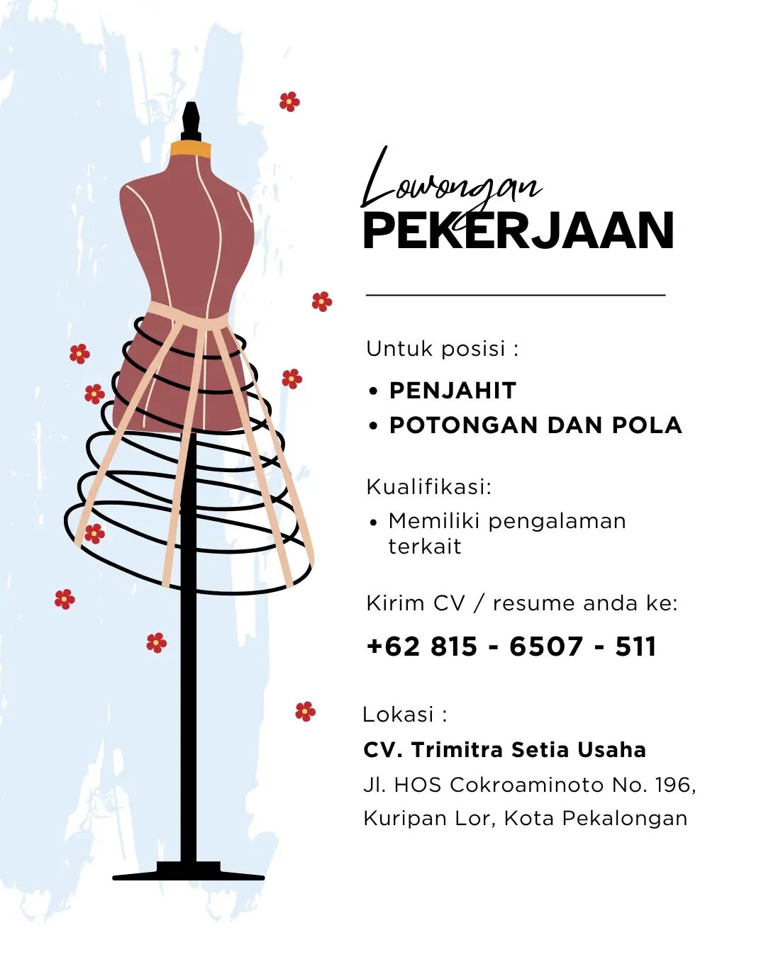Poster lowongan Penjahit & Potongan dan Pola