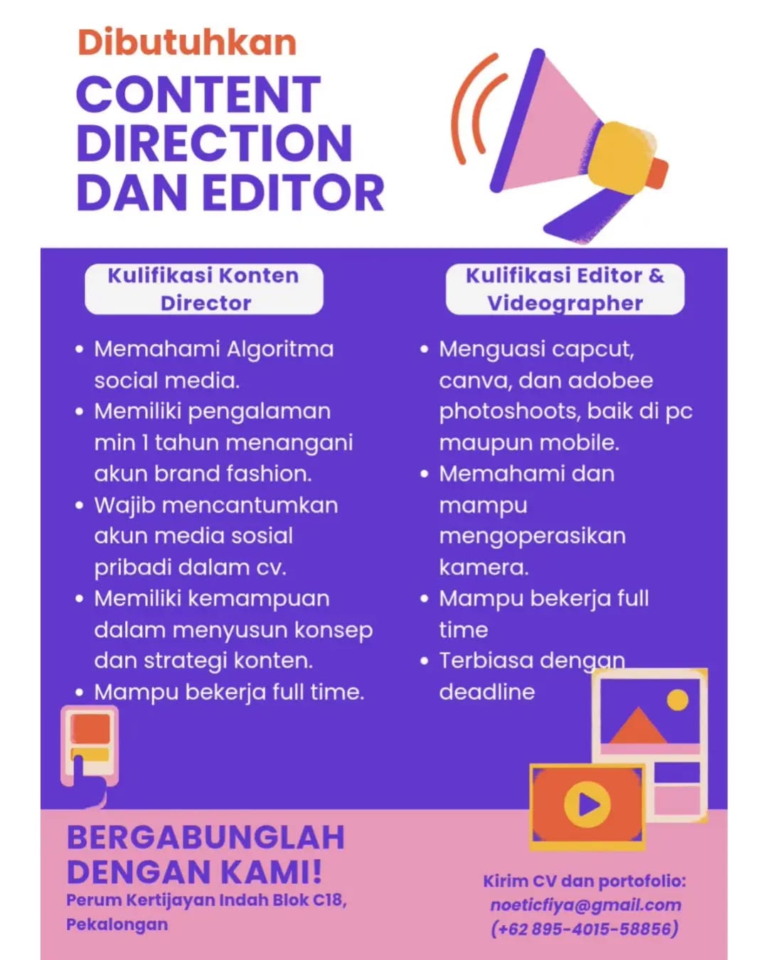 Poster lowongan Content Director & Editor / Videographer