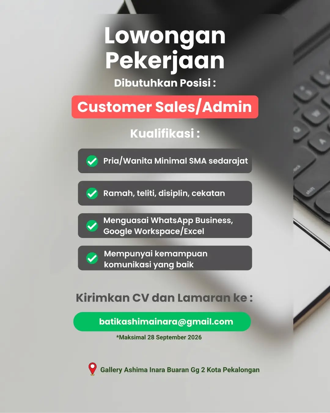 Poster lowongan Customer Sales/Admin