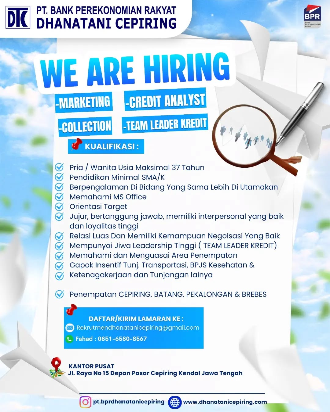 Poster lowongan Marketing, Credit Analyst, Collection & Team Leader Kredit