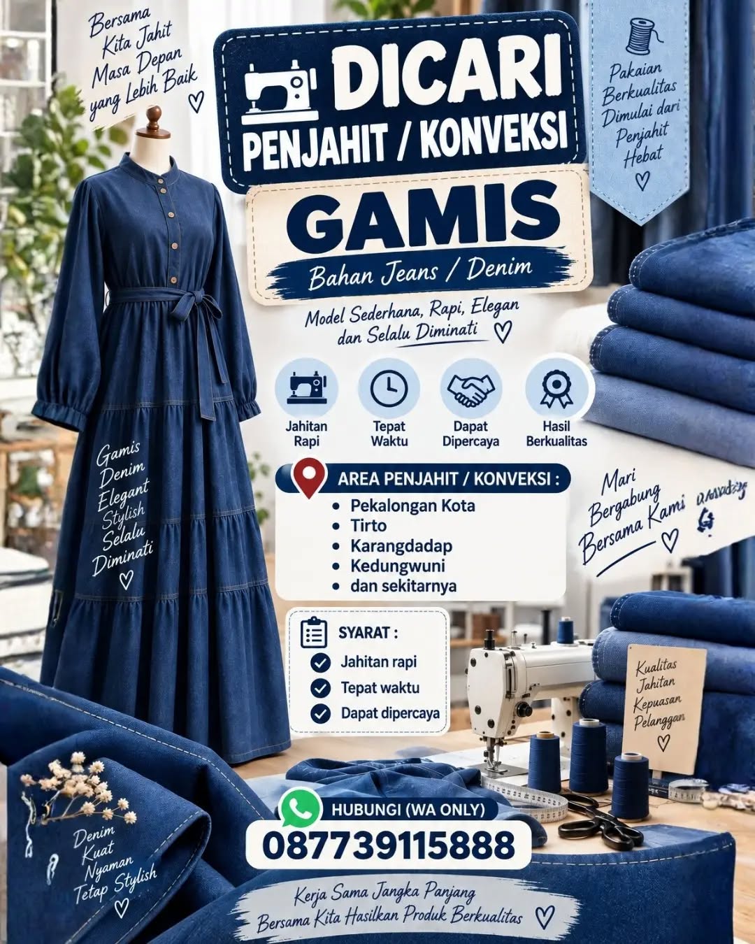 Poster lowongan Penjahit / Konveksi Gamis Denim