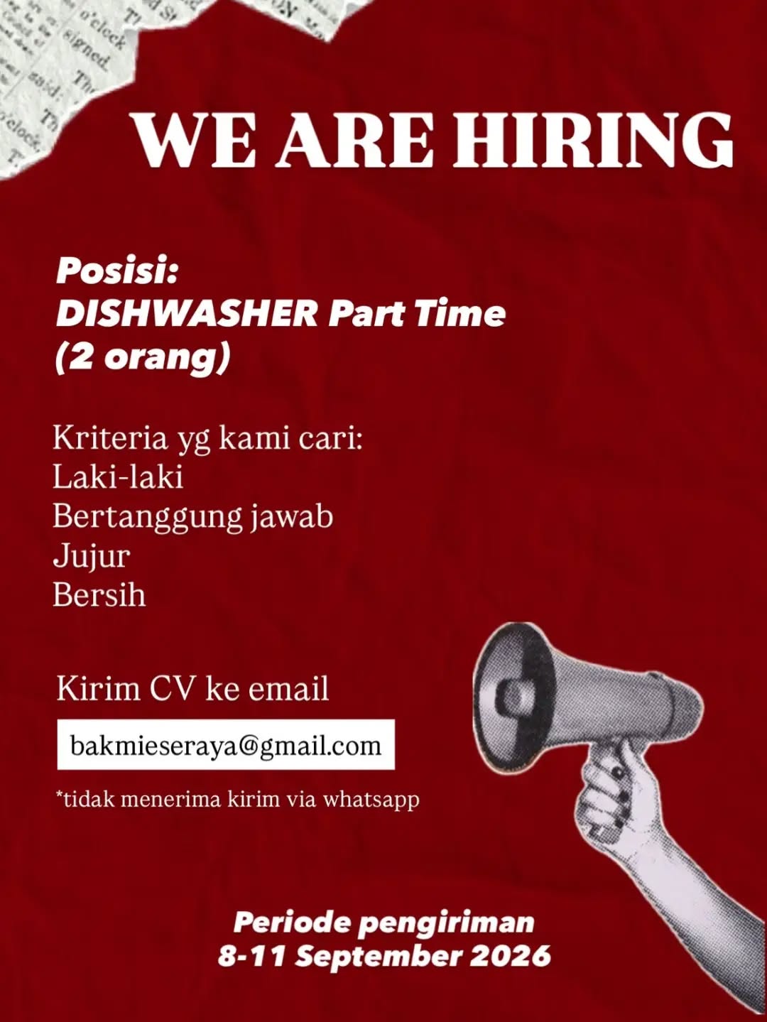 Poster lowongan Dishwasher