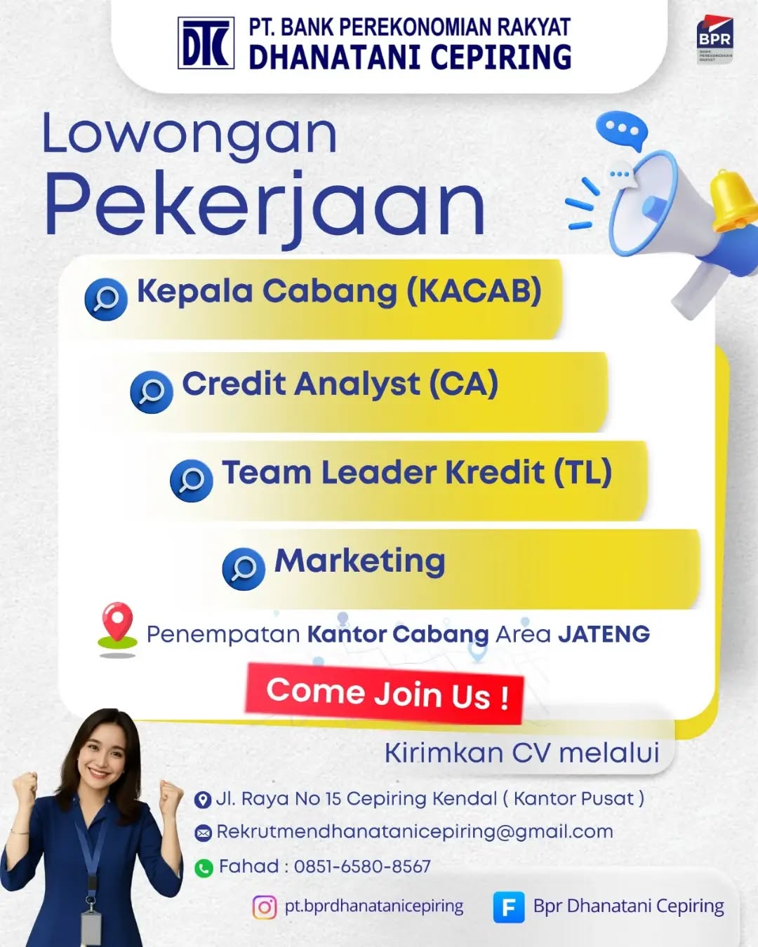 Poster lowongan Kepala Cabang, Credit Analyst, Team Leader Kredit & Marketing