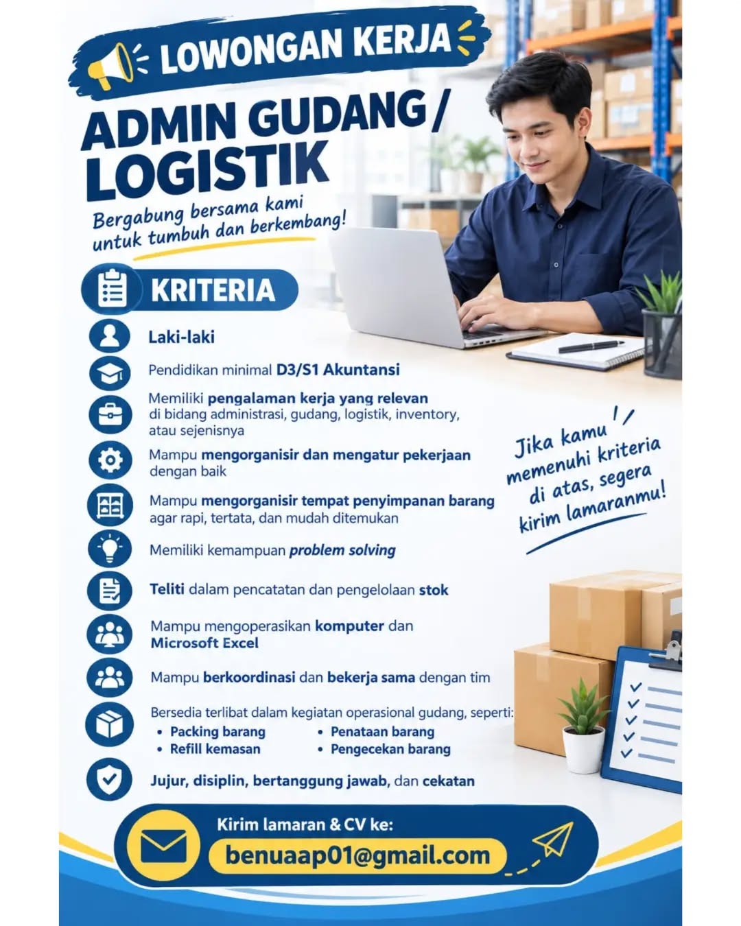 Poster lowongan Admin Gudang / Logistik