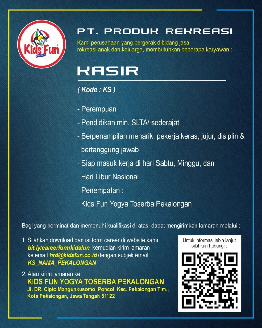 Poster lowongan Kasir, Asst. Supervisor & Teknisi