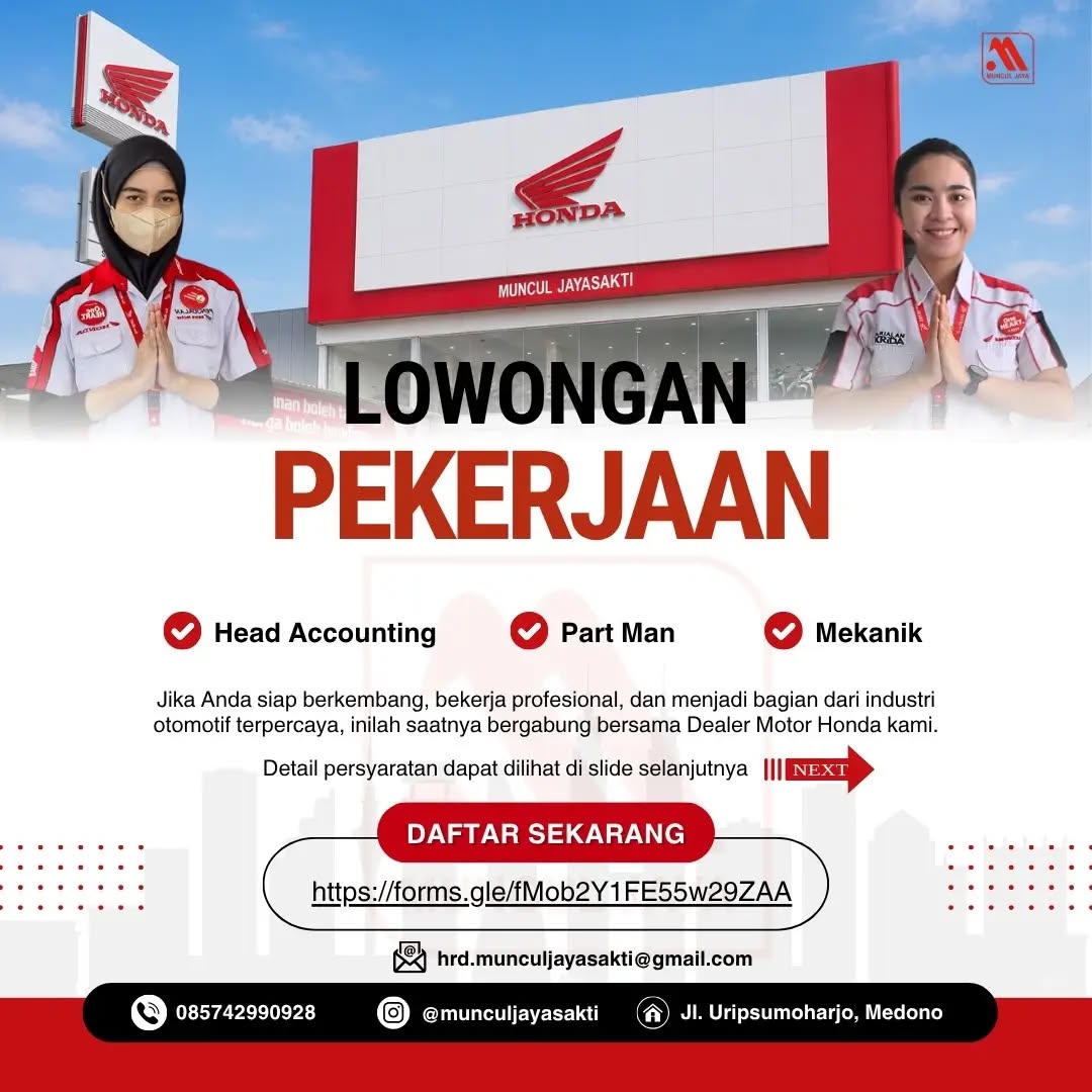 Poster lowongan Head Accounting, Part Man & Mekanik