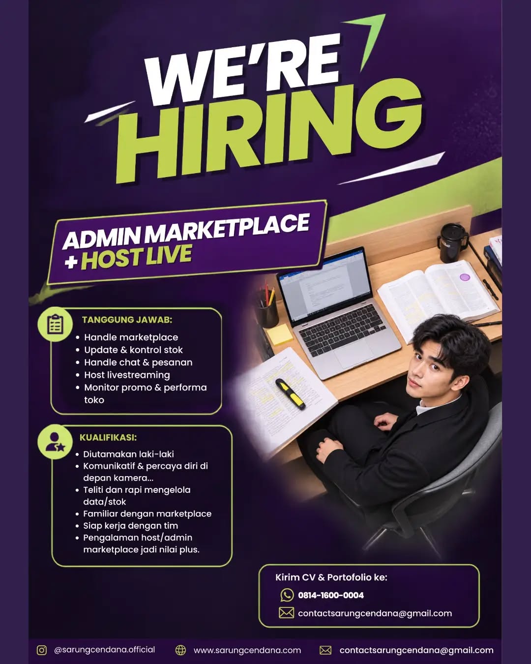 Poster lowongan Admin Marketplace + Host Live