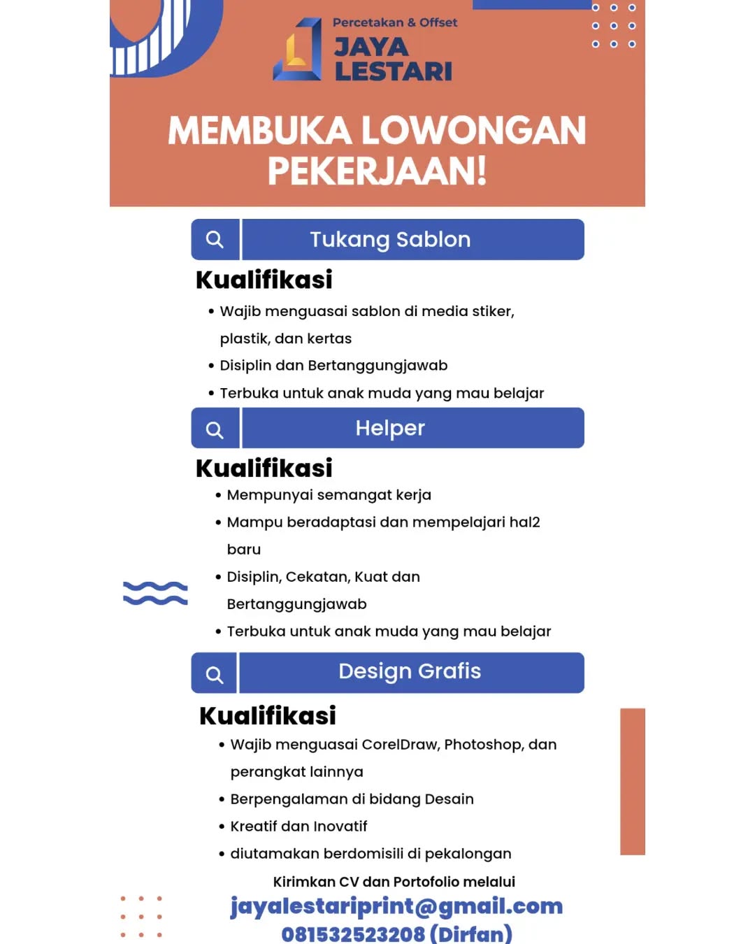 Poster lowongan Tukang Sablon, Helper & Design Grafis