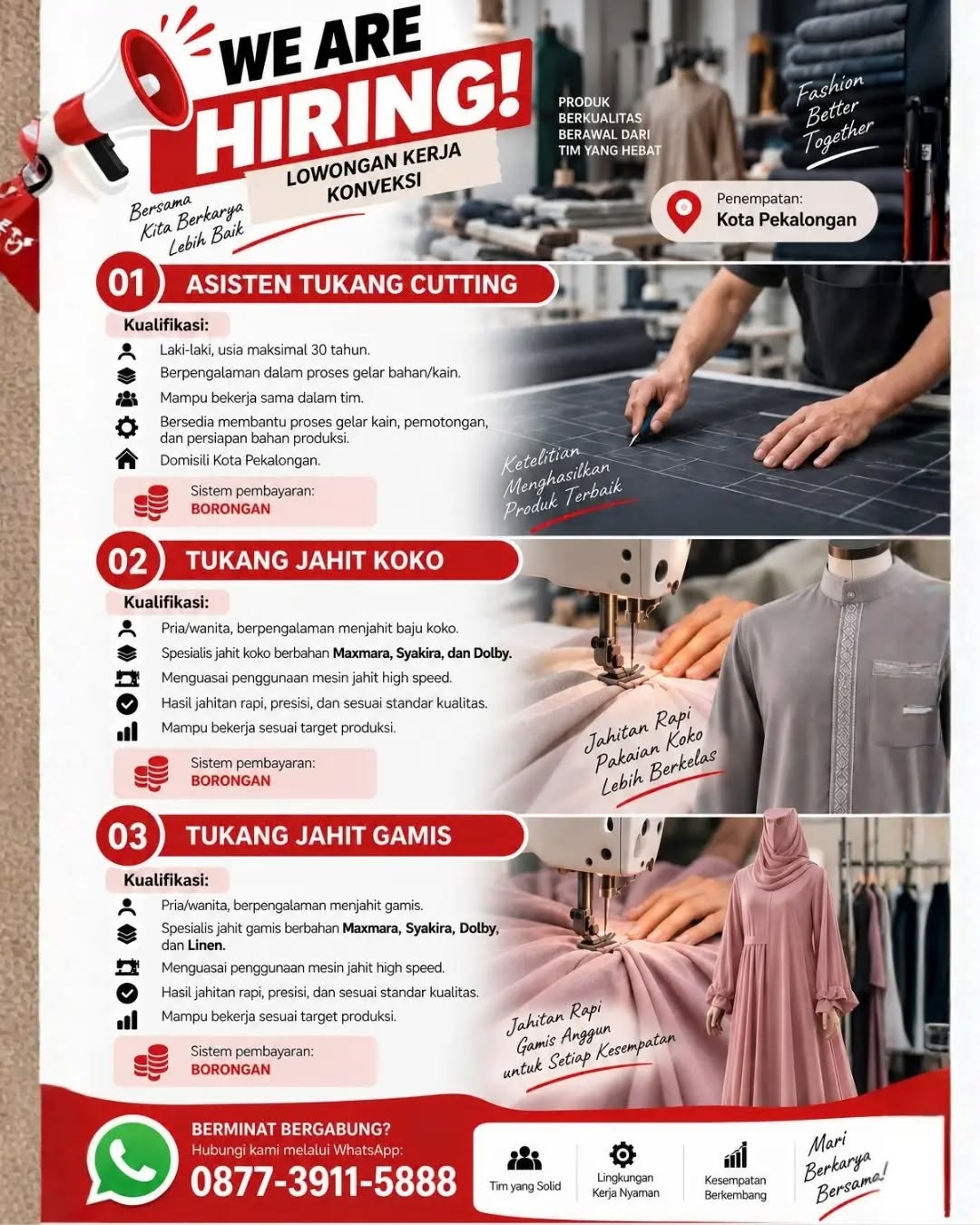 Poster lowongan Asisten Tukang Cutting, Tukang Jahit Koko & Gamis
