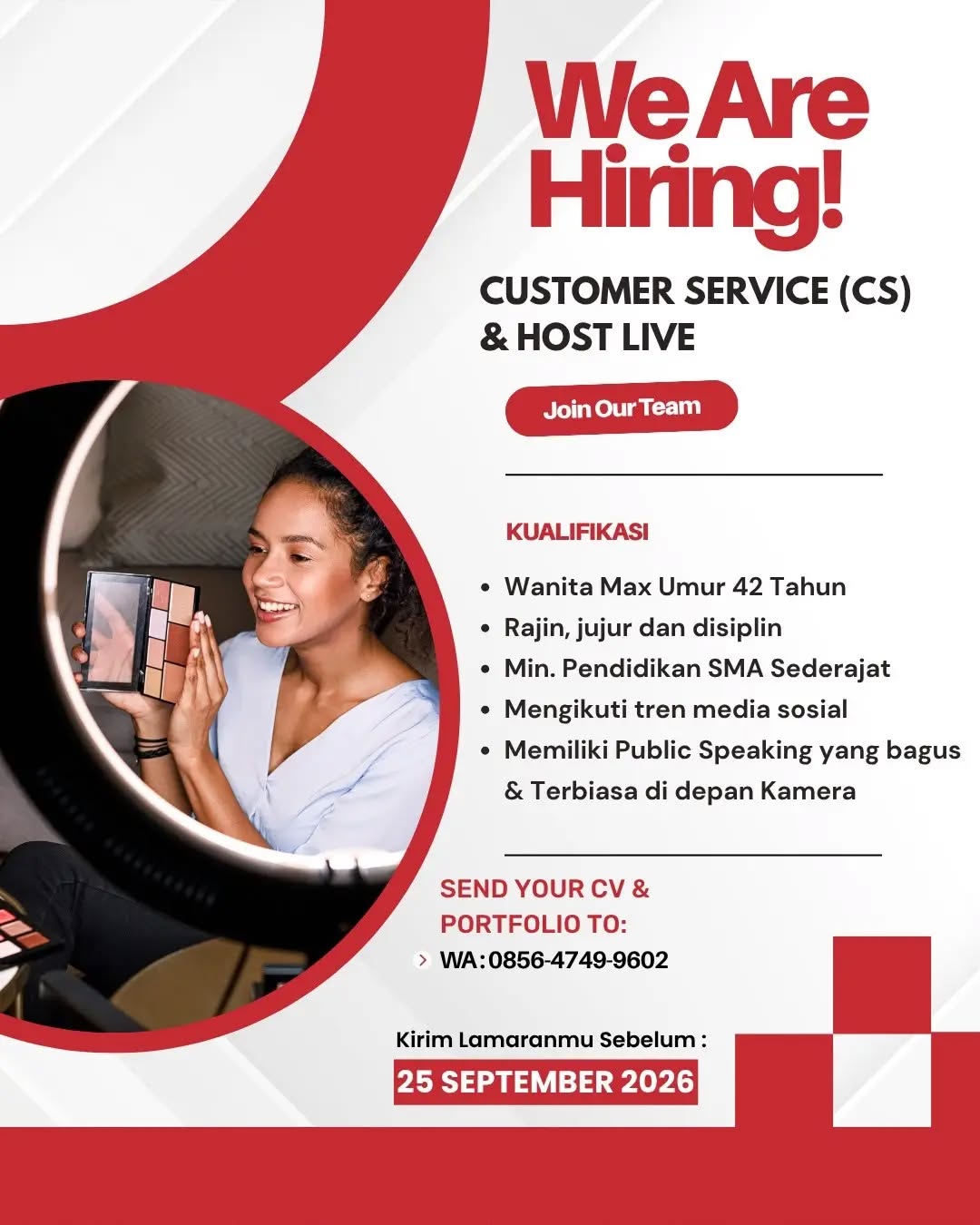 Poster lowongan Customer Service (CS) & Host Live